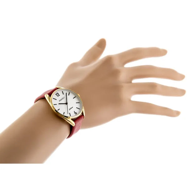 Női kvarc karóra vörös bőrszíjjal, arany tok 34 mm + díszdoboz