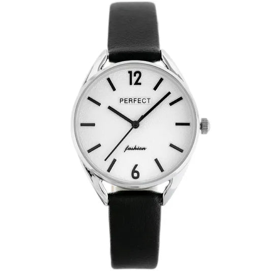 Női Perfect E347 karóra, quartz, bőr szíj, ezüst-fekete, 34 mm