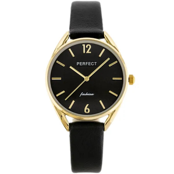 Női kvarc karóra fekete bőrszíjjal és arany tok, 34 mm