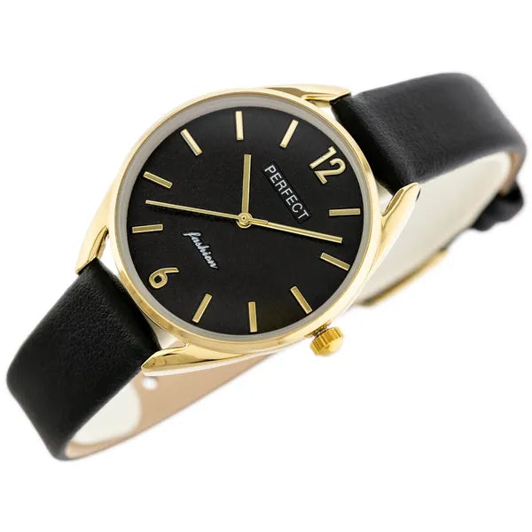 Női kvarc karóra fekete bőrszíjjal és arany tok, 34 mm
