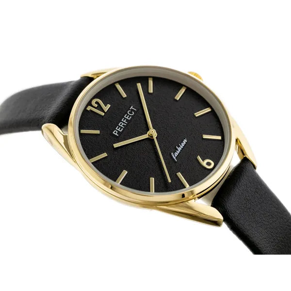 Női kvarc karóra fekete bőrszíjjal és arany tok, 34 mm