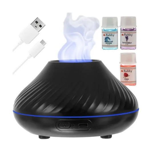 LED tűz-effektusos levegő párásító és illatdiffúzor, 130 ml, USB-C, fekete