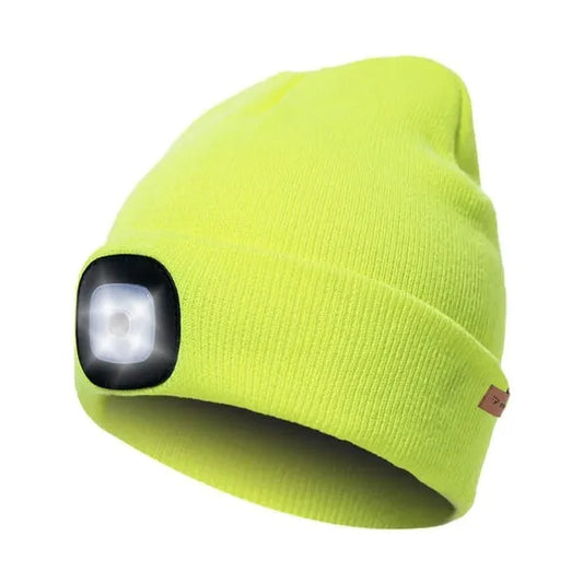 Neonsárga, USB-tölthető LED lámpás, kétrétegű téli sapka, uniszex
