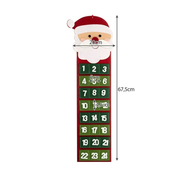 Akasztható nemez adventi kalendárium 24 üres zsebbel, 67×20 cm, piros-fehér-zöld
