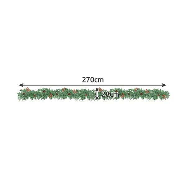 Karácsonyi fenyőgirland 270 cm, 50 meleg fehér LED, tobozokkal