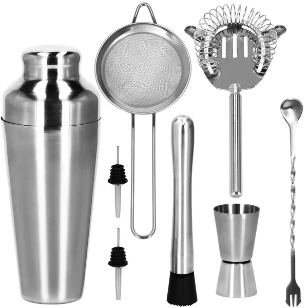 8 részes koktél shaker készlet, 550 ml, rozsdamentes acél, ezüst