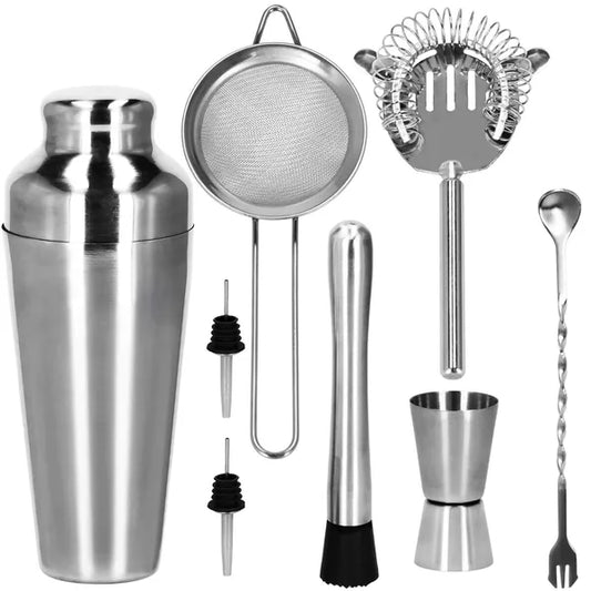 8 részes koktél shaker készlet, 550 ml, rozsdamentes acél, ezüst