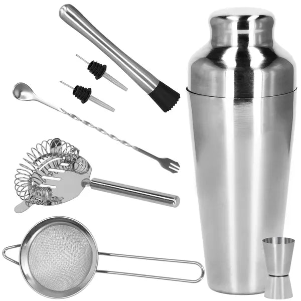 8 részes koktél shaker készlet, 550 ml, rozsdamentes acél, ezüst