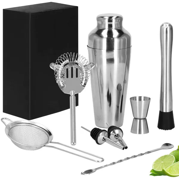 8 részes koktél shaker készlet, 550 ml, rozsdamentes acél, ezüst