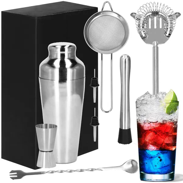 8 részes koktél shaker készlet, 550 ml, rozsdamentes acél, ezüst