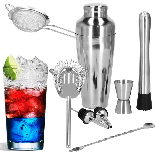8 részes koktél shaker készlet, 550 ml, rozsdamentes acél, ezüst
