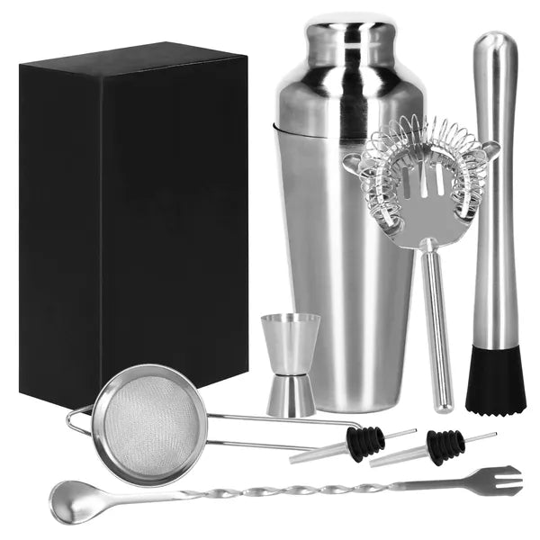 8 részes koktél shaker készlet, 550 ml, rozsdamentes acél, ezüst