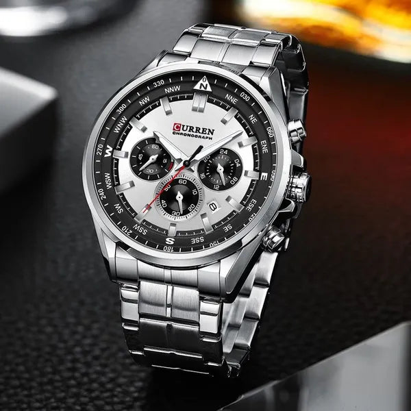 Curren 8399 férfi kronográf karóra, ezüst fémszíj, 42 mm