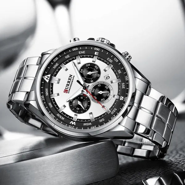 Curren 8399 férfi kronográf karóra, ezüst fémszíj, 42 mm