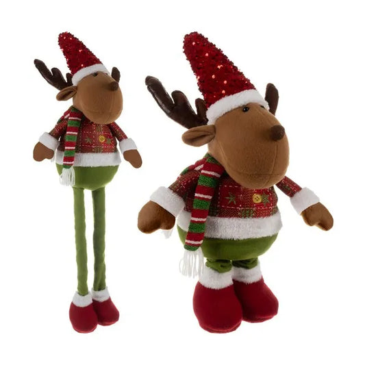 Teleszkópos lábú karácsonyi rénszarvas figura, 62–95 cm, piros-zöld