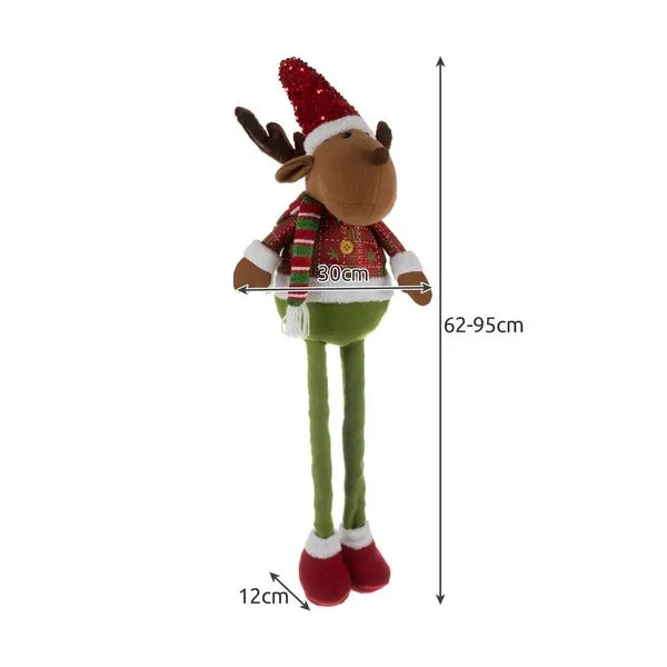 Teleszkópos lábú karácsonyi rénszarvas figura, 62–95 cm, piros-zöld