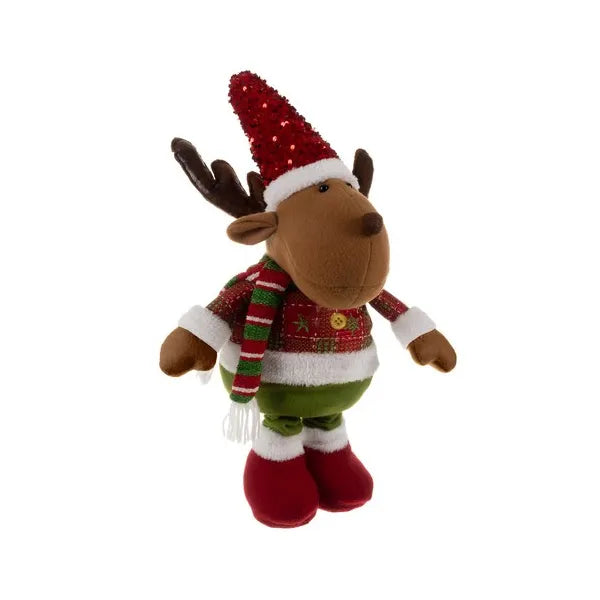Teleszkópos lábú karácsonyi rénszarvas figura, 62–95 cm, piros-zöld