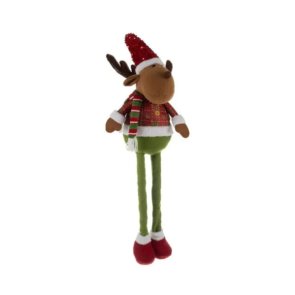 Teleszkópos lábú karácsonyi rénszarvas figura, 62–95 cm, piros-zöld