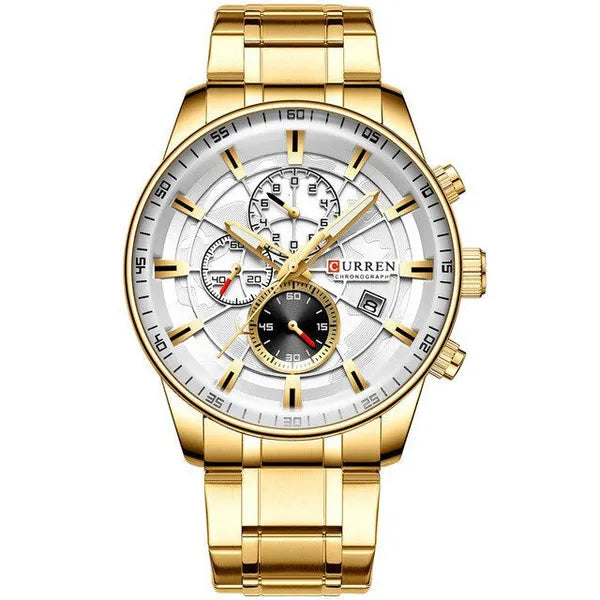 Férfi kronográf karóra, kvarc, 42 mm, arany fém szíj, ezüst számlap