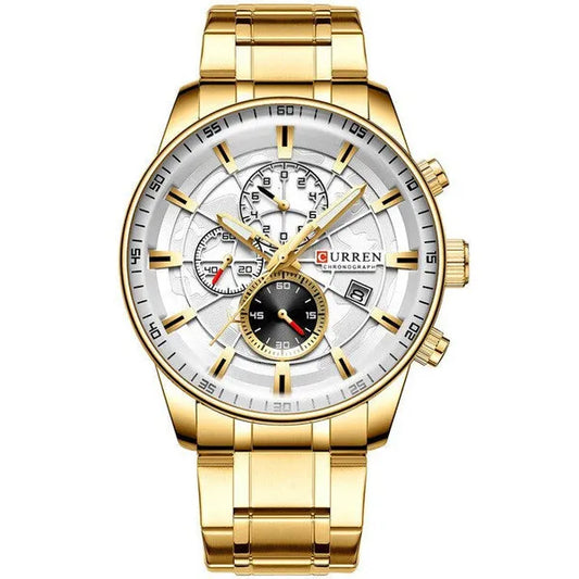 Férfi kronográf karóra, kvarc, 42 mm, arany fém szíj, ezüst számlap