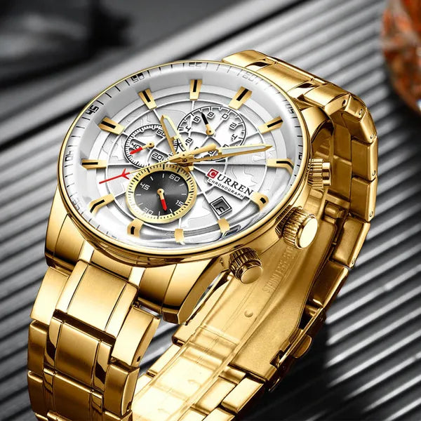 Férfi kronográf karóra, kvarc, 42 mm, arany fém szíj, ezüst számlap