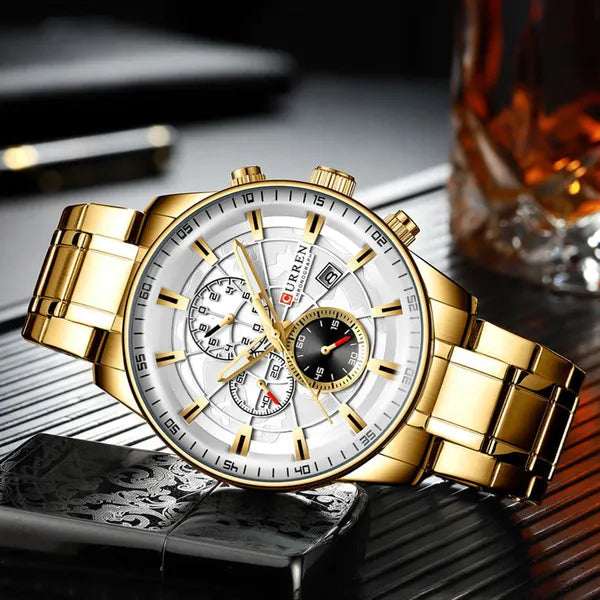 Férfi kronográf karóra, kvarc, 42 mm, arany fém szíj, ezüst számlap