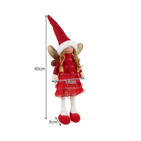 Stabil, álló karácsonyi tündérfigura piros ruhában, 40 cm, csillámos szárnyakkal