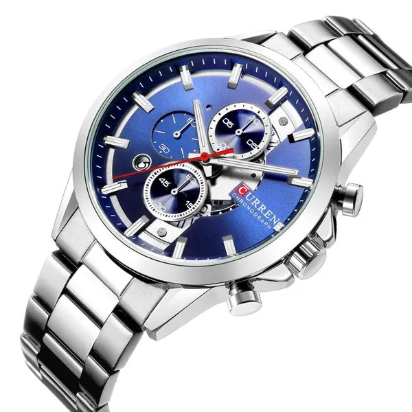 Curren 8325 férfi kronográf karóra, quartz, ezüst szíj, kék számlap, WR30