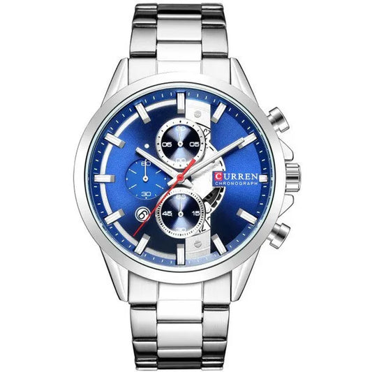 Curren 8325 férfi kronográf karóra, quartz, ezüst szíj, kék számlap, WR30