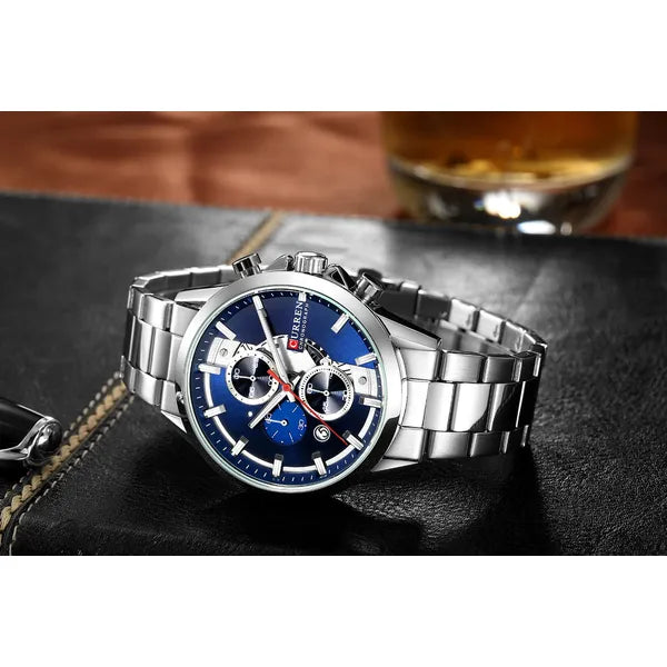 Curren 8325 férfi kronográf karóra, quartz, ezüst szíj, kék számlap, WR30