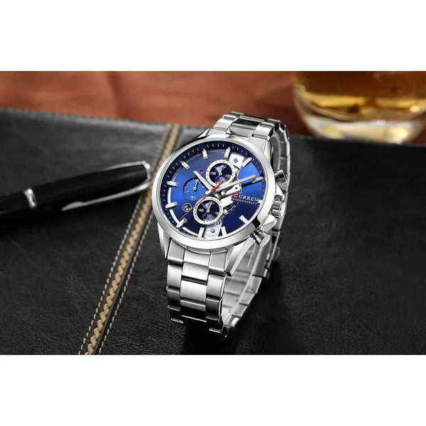 Curren 8325 férfi kronográf karóra, quartz, ezüst szíj, kék számlap, WR30
