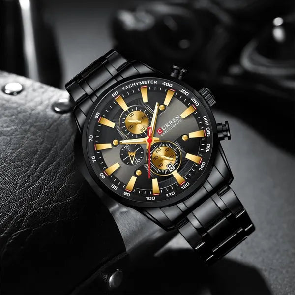 Curren 8351 férfi karóra, kronográf, fekete/arany, 43 mm, WR30, ajándékdoboz