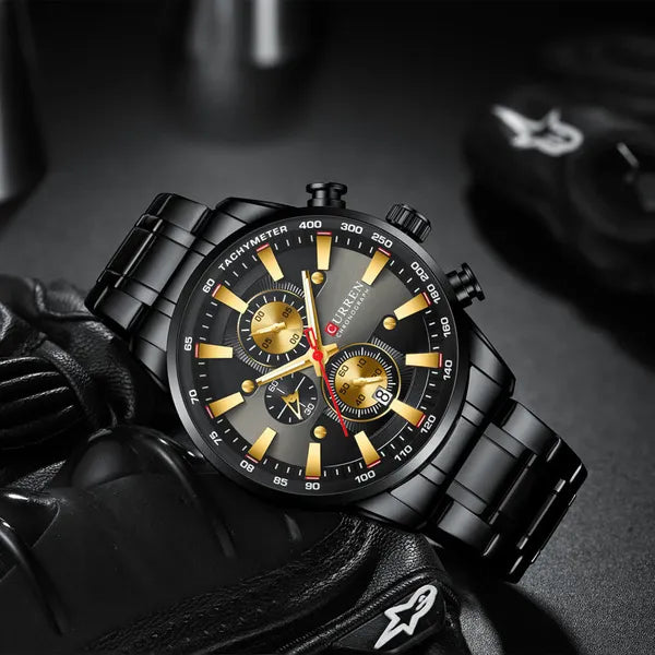 Curren 8351 férfi karóra, kronográf, fekete/arany, 43 mm, WR30, ajándékdoboz