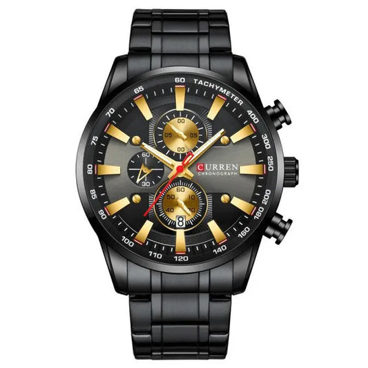 Curren 8351 férfi karóra, kronográf, fekete/arany, 43 mm, WR30, ajándékdoboz