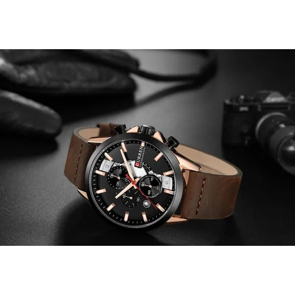 Curren 8325 férfi kronográf karóra, kvarc, rosegold tok, barna bőrszíj, WR30