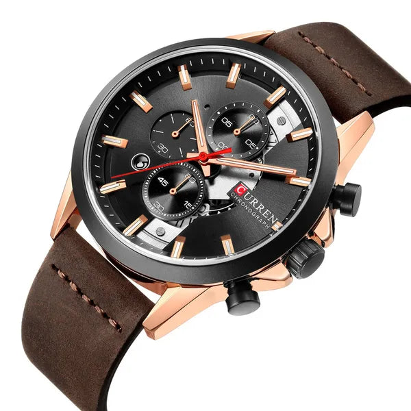 Curren 8325 férfi kronográf karóra, kvarc, rosegold tok, barna bőrszíj, WR30