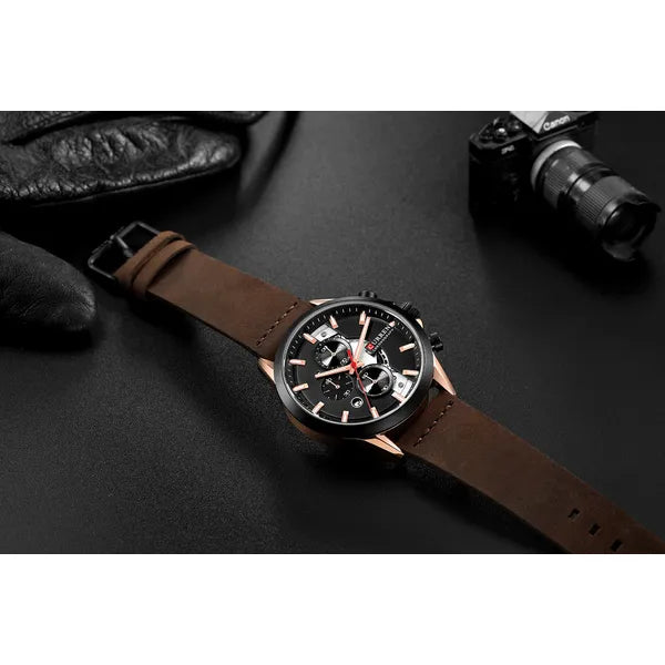 Curren 8325 férfi kronográf karóra, kvarc, rosegold tok, barna bőrszíj, WR30
