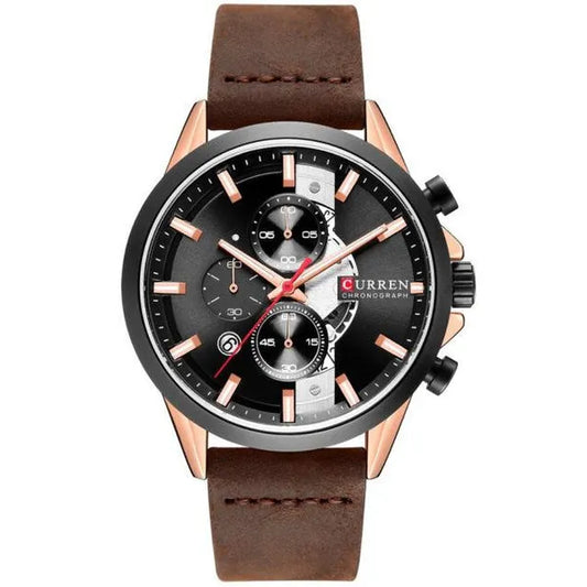 Curren 8325 férfi kronográf karóra, kvarc, rosegold tok, barna bőrszíj, WR30