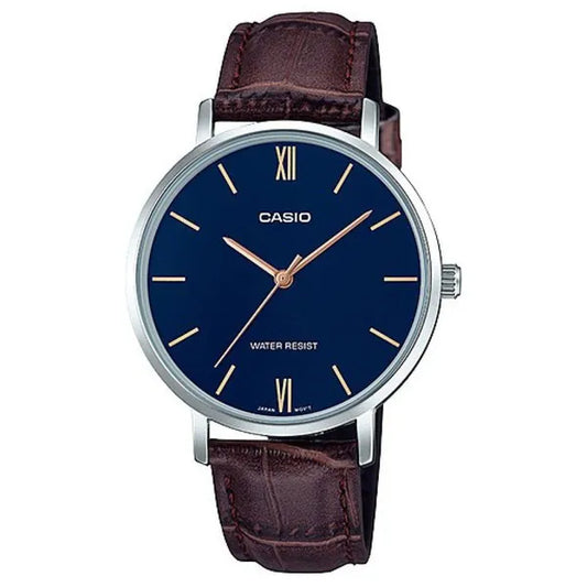 Casio női karóra, kvarc, 34mm, kék számlap, barna bőrszíj