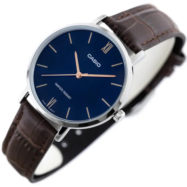 Casio női karóra, kvarc, 34mm, kék számlap, barna bőrszíj