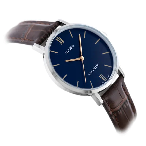 Casio női karóra, kvarc, 34mm, kék számlap, barna bőrszíj