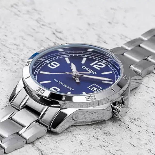 Casio MTP-V004D-2B férfi karóra, acél szíj, kék számlap, WR30