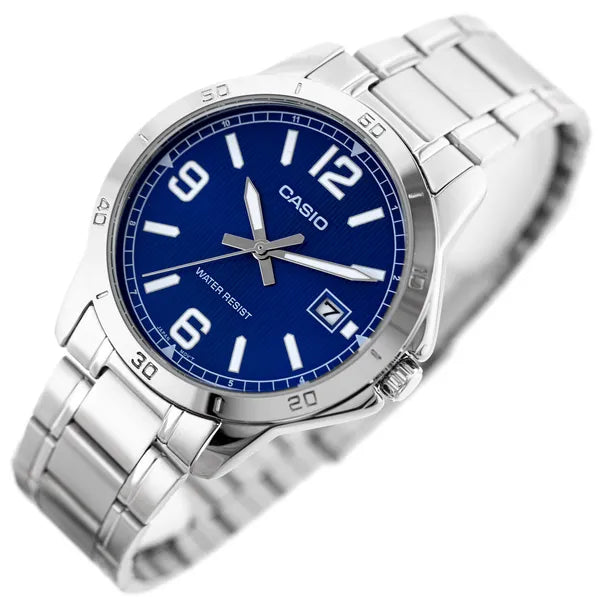 Casio MTP-V004D-2B férfi karóra, acél szíj, kék számlap, WR30