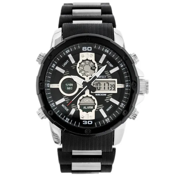 Perfect A8027 férfi multifunkciós kvarc karóra, fekete, 46 mm, WR30