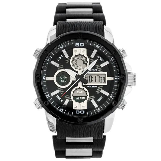 Perfect A8027 férfi multifunkciós kvarc karóra, fekete, 46 mm, WR30