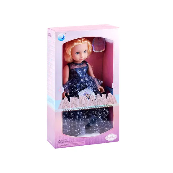 Ariana divatbaba 45 cm-es, kék csillagos estélyiben, fésűvel
