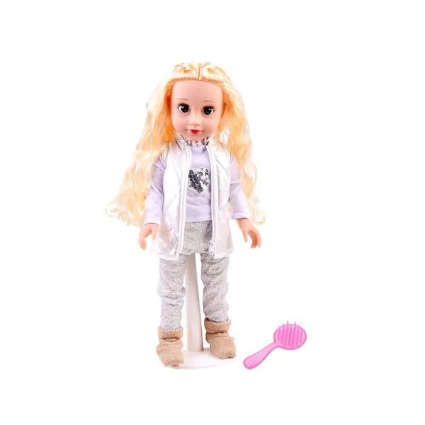Adrianna elegáns játékbaba 45 cm – mozgatható, fésűvel és állvánnyal