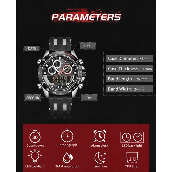 Naviforce NF9188T férfi karóra, SEIKO quartz, szilikon szíj, fekete, WR30