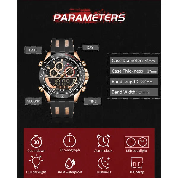 NAVIFORCE férfi karóra NF9188T, fekete-rosegold, szilikon szíj, WR30