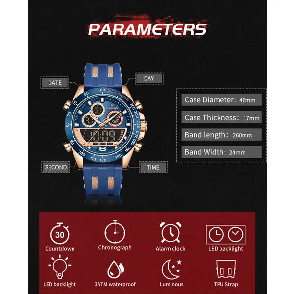 Naviforce NF9188T férfi karóra, kék szilikon szíj, quartz, WR30